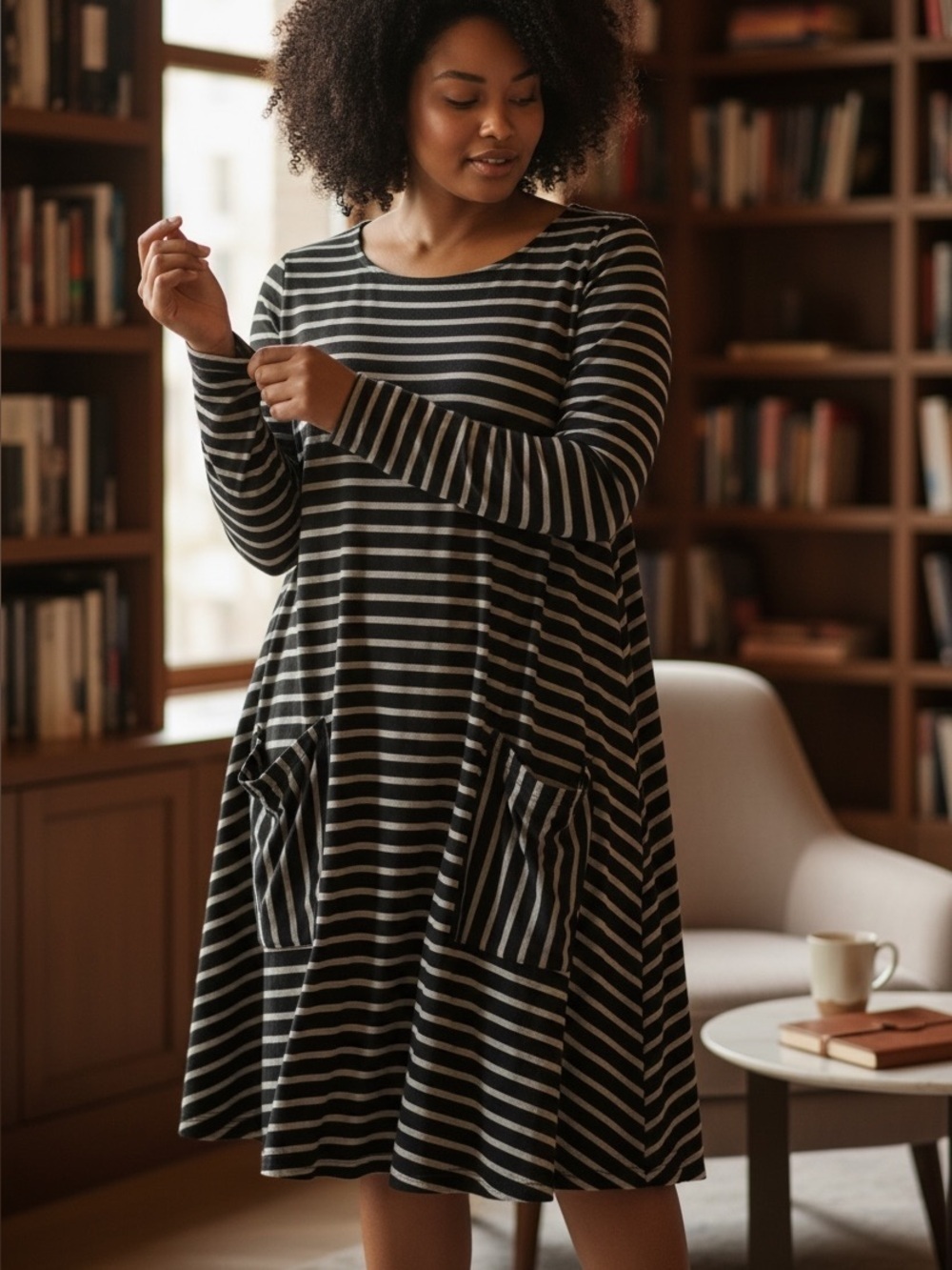 JODIFL swing T-shirt dress or tunic, size Medium, black and gray stripes.
